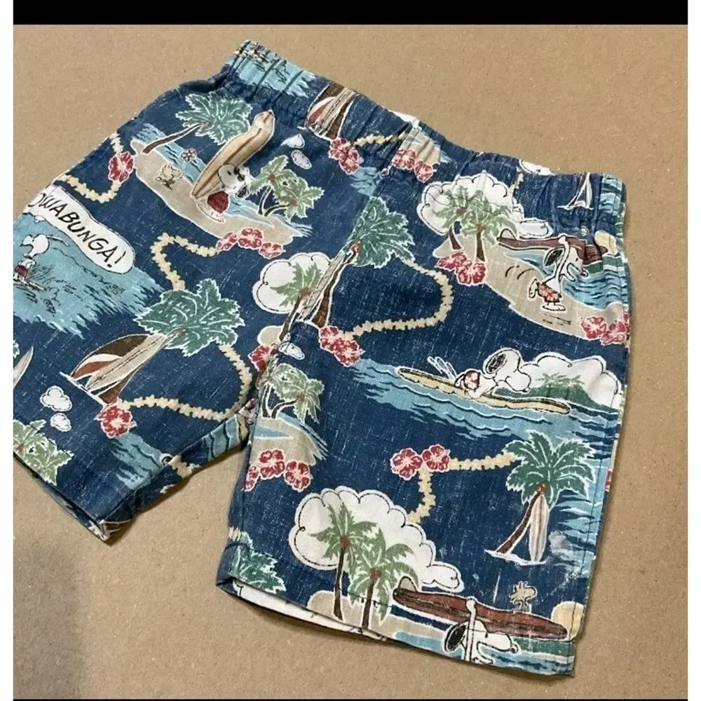Reyn Spooner x Peanuts Boys 3T Shorts Blue Tropical Snoopy Woodstock Elastic